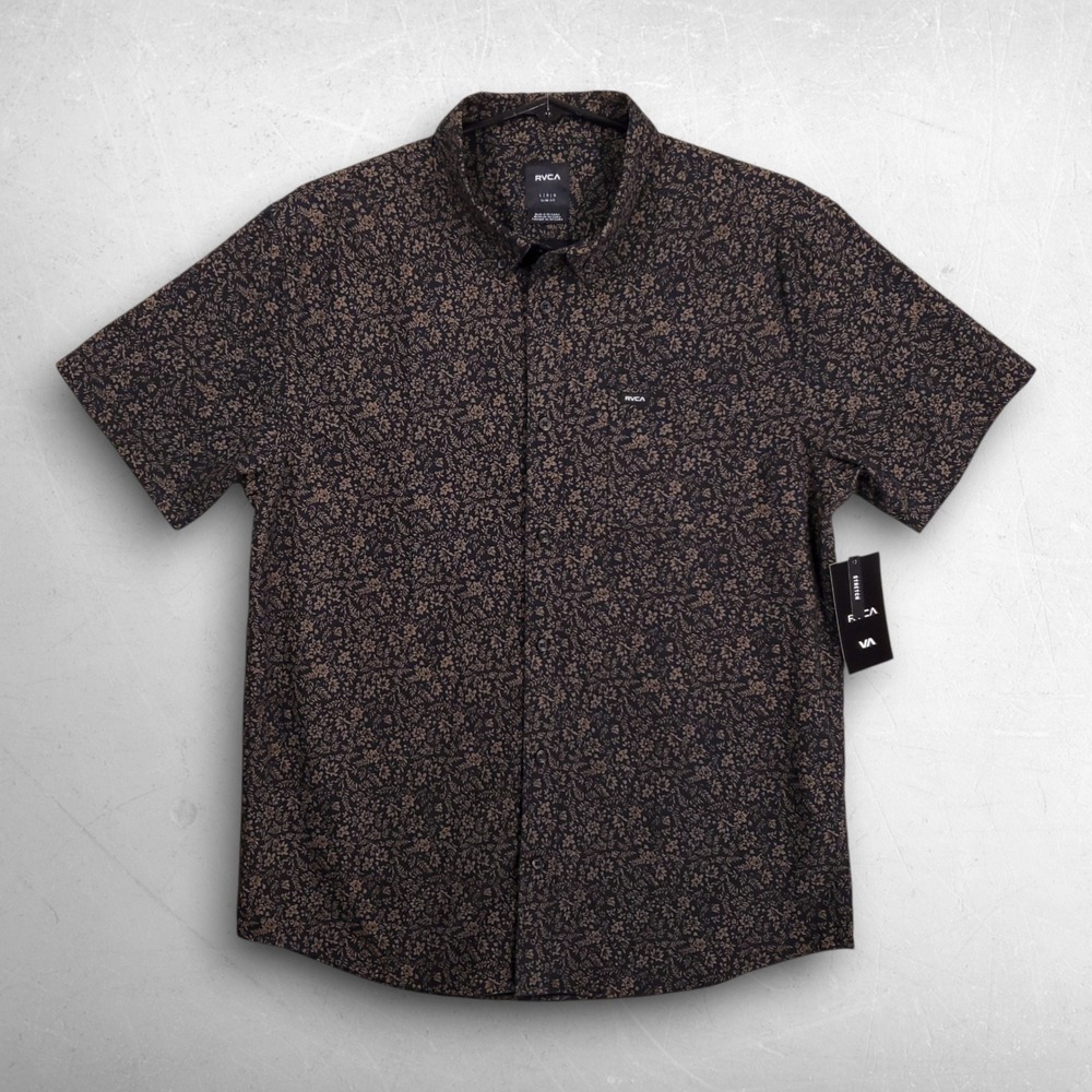 RVCA Thatll Do Print Short Sleeve Shirt Men L Black Floral Surf Skate Camp Boho